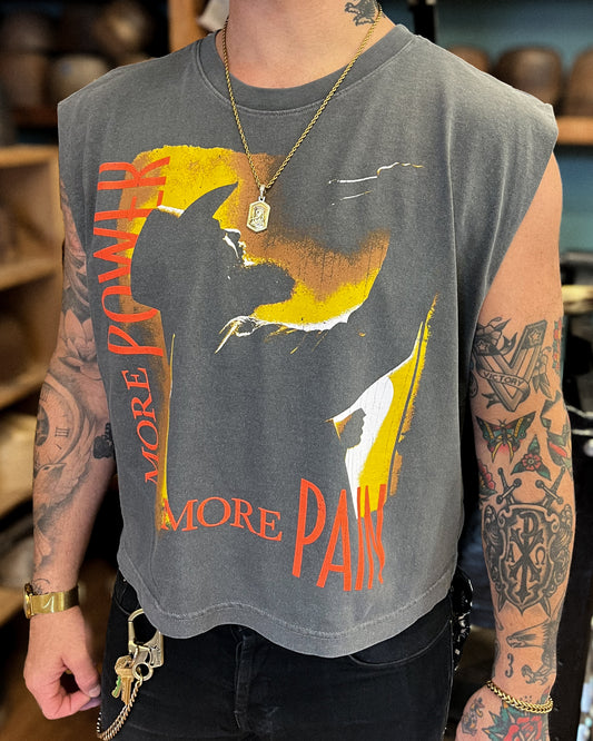 More Power More Pain. Daniel screaming. Crop T with cut off sleeves. 