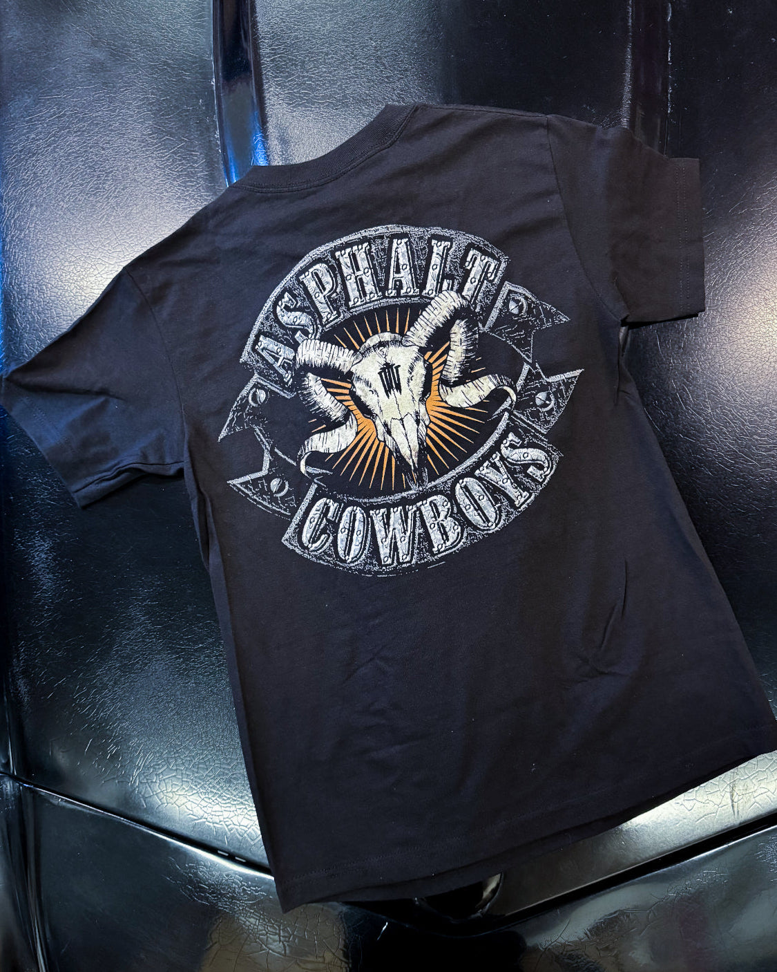 BACK PRINT ASPHALT COWBOY TSHIRT WITH RAM SKULL AND NAILS