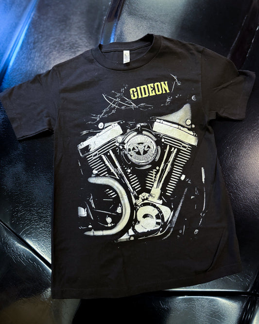 MOTORBIKE ENGINE TSHIRT WITH BARBED WIRE AND GIDEON LOGO