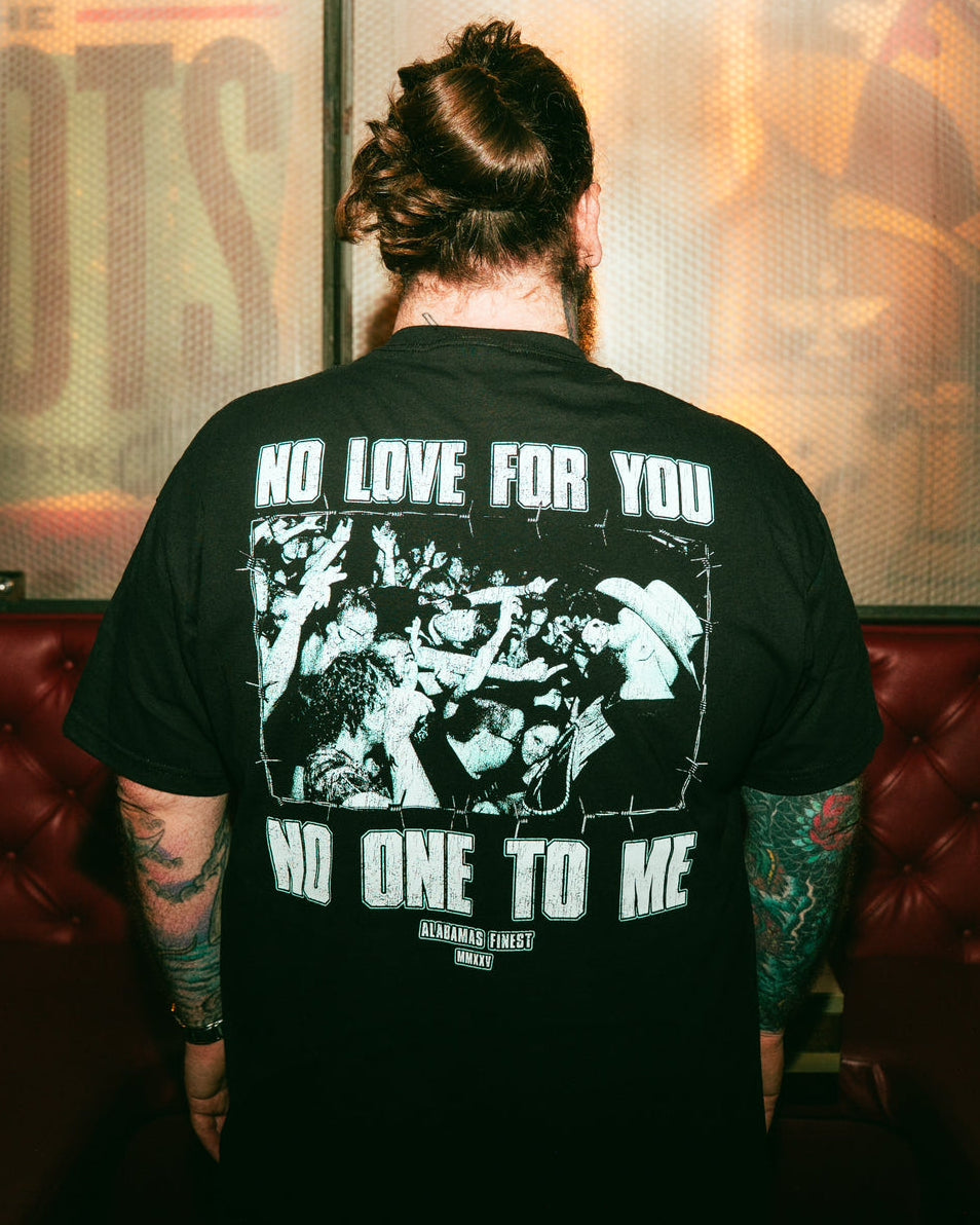 TYLER RILEY ICE BLUE NO LOVE NO ONE NO LOVE FOR YOU NO ONE TO ME ON BLACK T WITH LIVE SHOT PRINT 