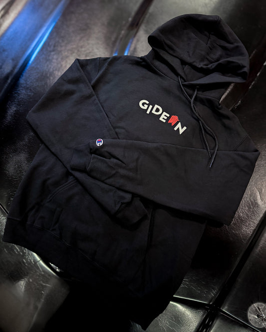 BLACK CHAMPION BRANDED HOODIE WITH WHITE GIDEON LOGO AND RED NAILS